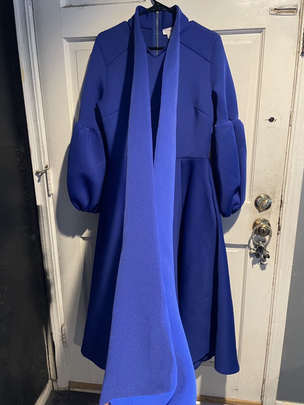 Elegant Royal Blue Mid-Length Dress with Scarf